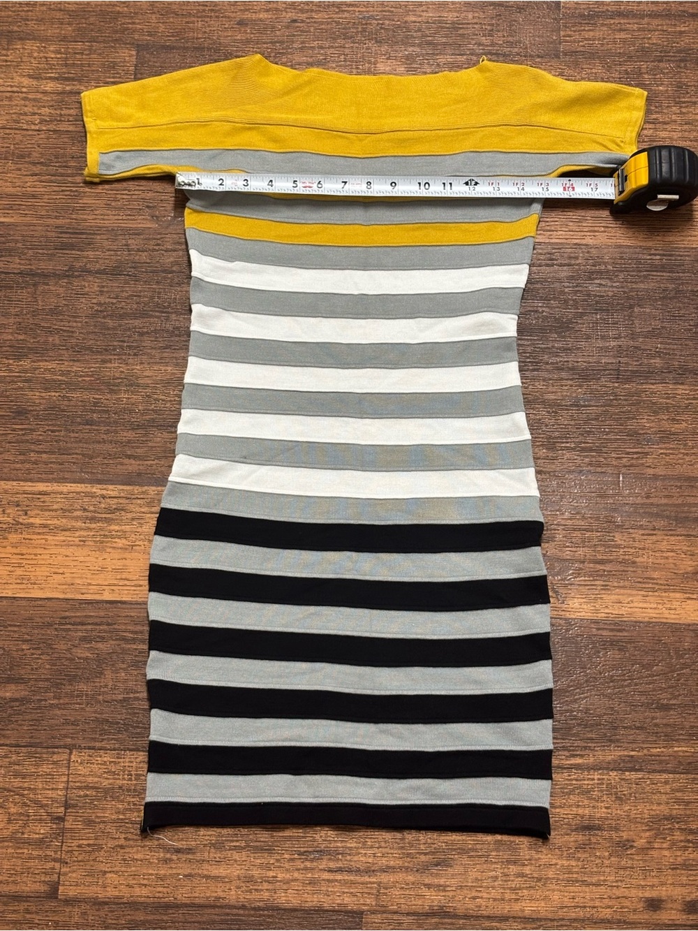 Off-Shoulder Striped Mini Dress in Yellow, Gray, White, and Black